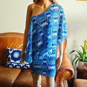 BEBE One Shoulder Blue Geo Mesh Ruffled Mini Dress Size M